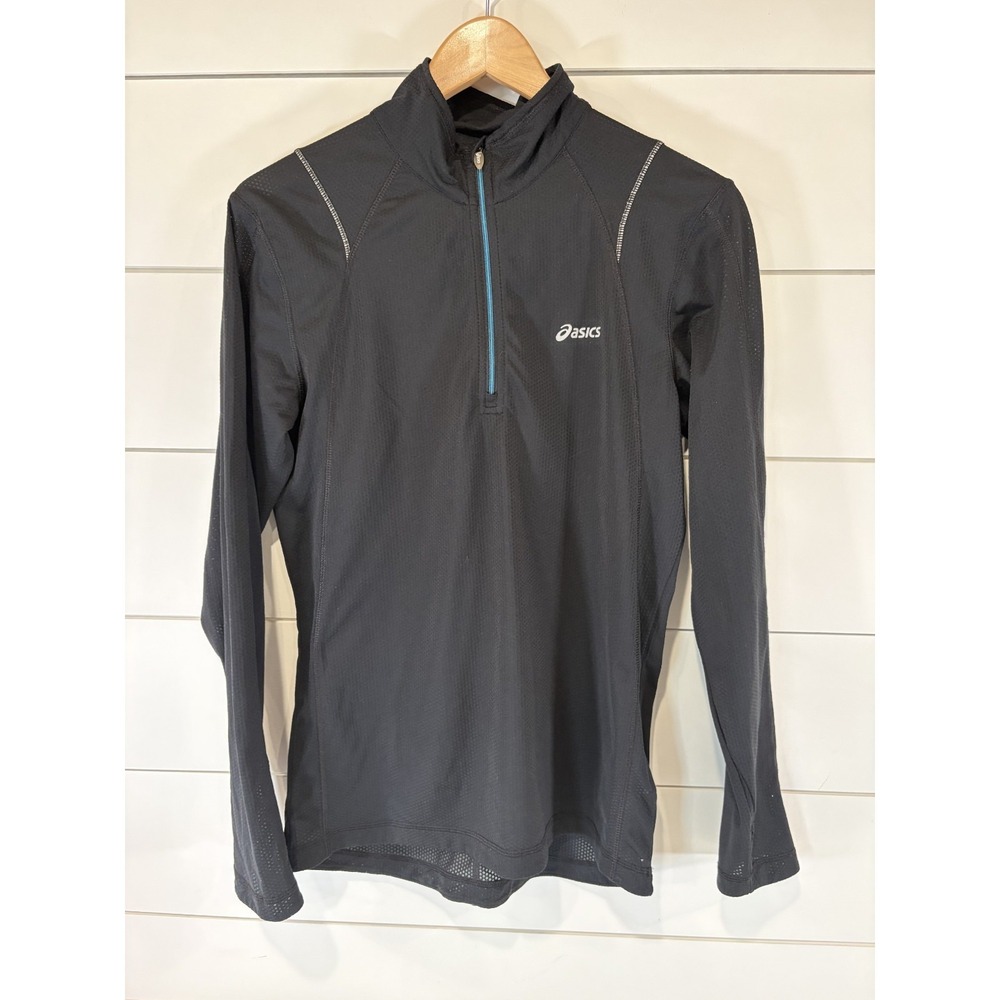 Asics Hydrology Black Blue Mens Large Mesh 1/4 Zip Logo Pullover Running Jacket